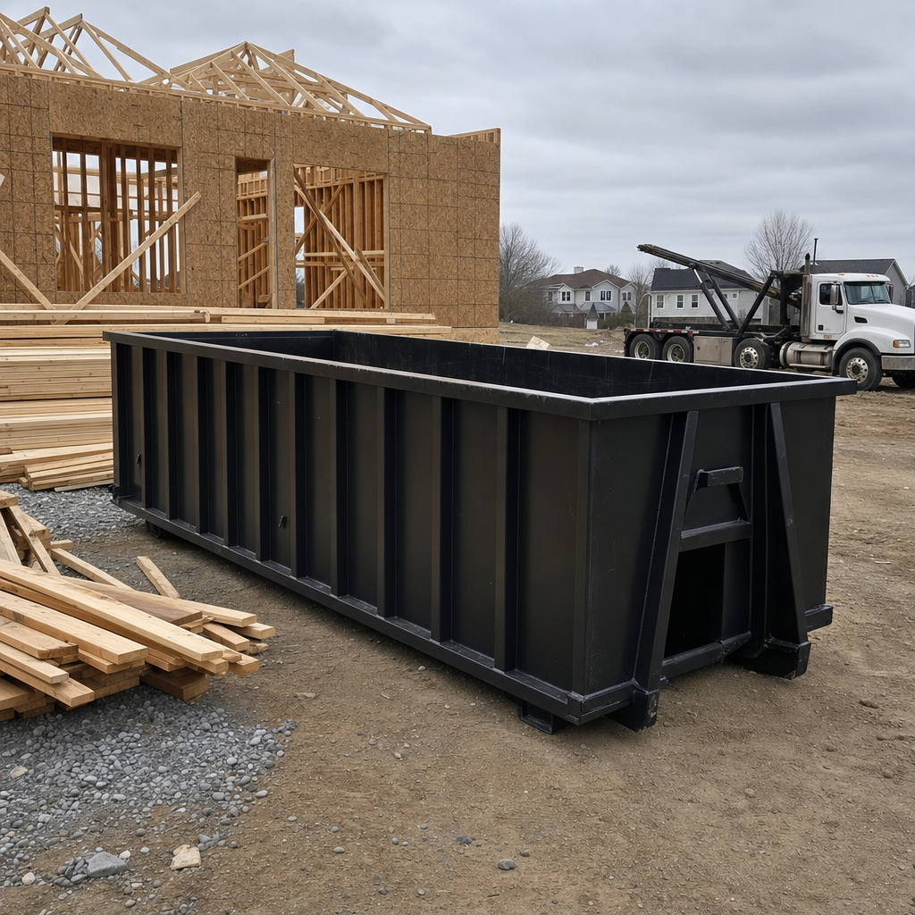 Matte-black 40-yard roll-off dumpster staged on a framed-out residential construction site in West Valley City, framing lumber stacked nearby, hooklift delivery truck visible in the background under bright Colorado daylight