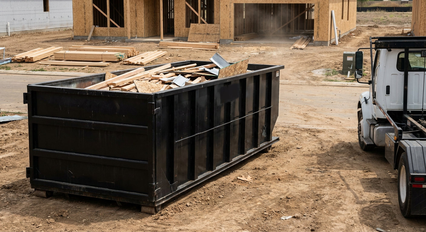 Matte-black 20-yard roll-off construction dumpster with heavy ribbed steel sidewalls and swing rear doors at a working jobsite in West Valley City, sitting directly on compacted dirt with an unmarked white hauler partially visible at the far edge of the frame.