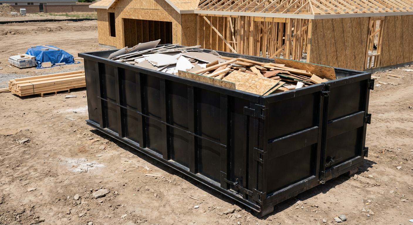 Matte-black 30-yard roll-off construction dumpster sitting directly on the compacted-dirt site of a framed single-family home build in West Valley City, drywall and lumber scrap loaded inside.