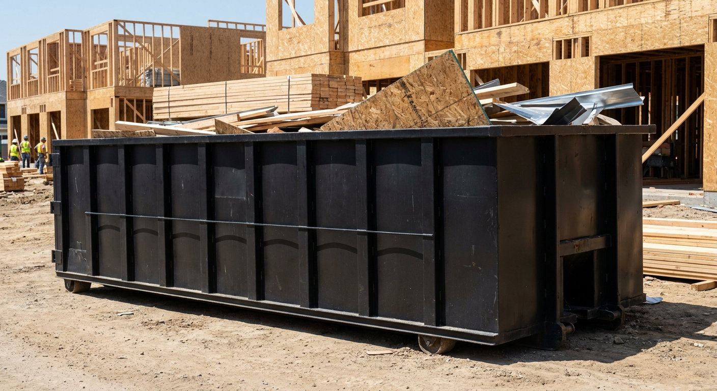 Matte-black 40-yard roll-off construction dumpster being lowered from a white-cab hooklift delivery truck onto the compacted-dirt jobsite at a commercial build site in West Valley City