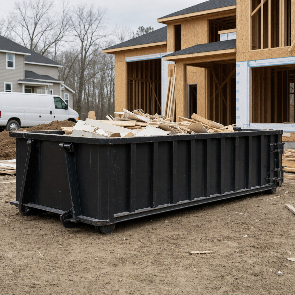 Worker in a yellow high-visibility vest tossing framing lumber and broken drywall into a matte-black 30-yard construction roll-off dumpster on an active build site in West Valley City, bright daylight
