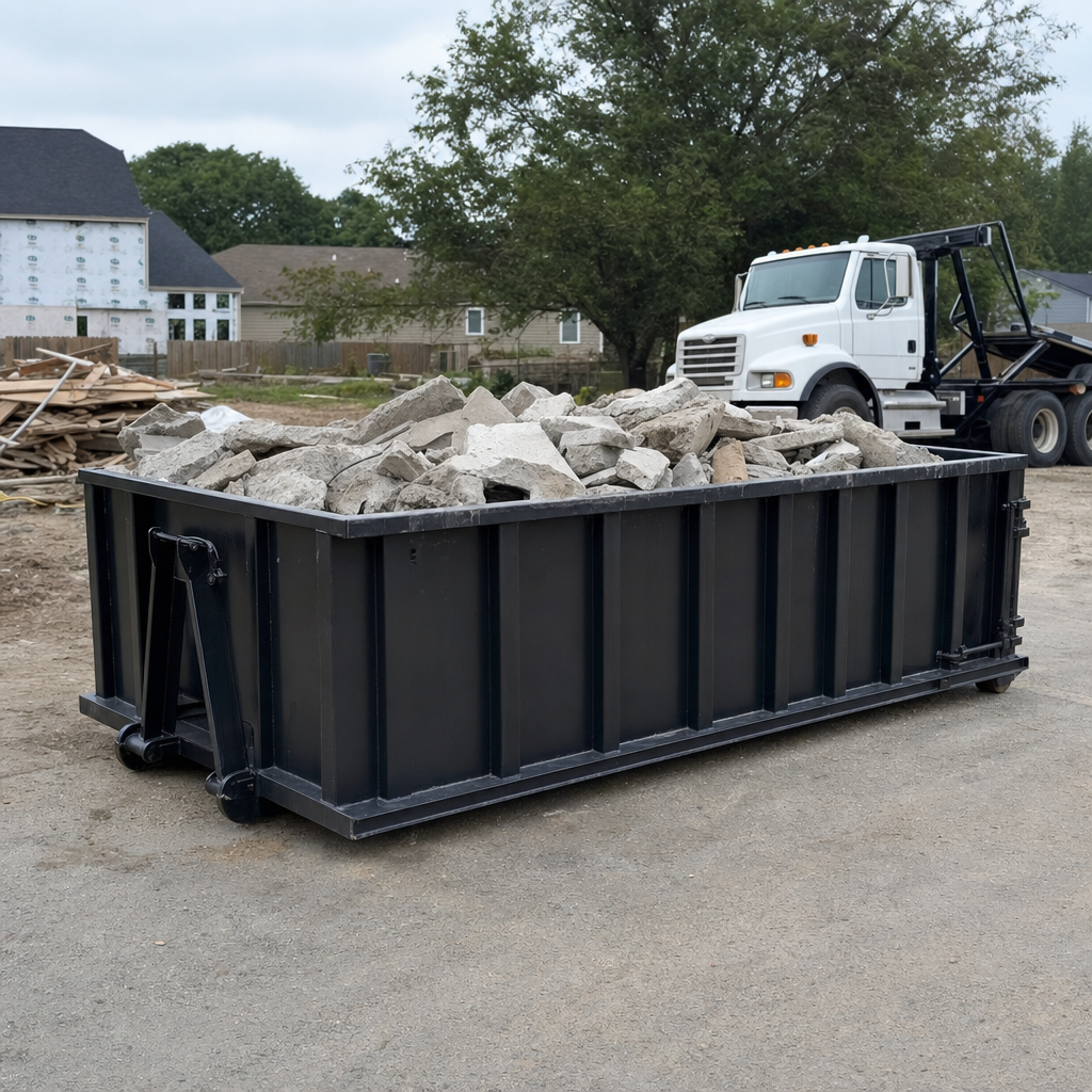 Low-profile matte-black lowboy roll-off dumpster loaded with broken concrete slab and rebar at a foundation tear-out in West Valley City, skid steer parked beside it, sunny Colorado morning