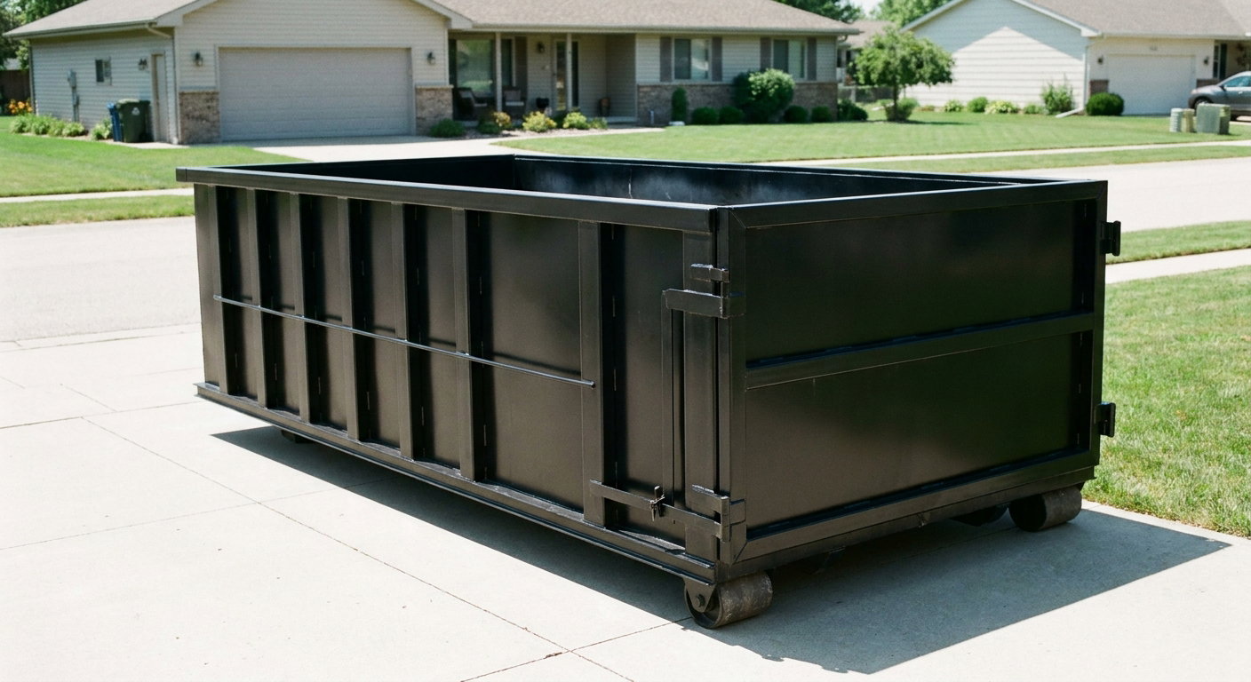 Matte-black 10-yard roll-off dumpster on a residential concrete driveway in West Valley City, uniformly painted matte black across every panel and rail, ribbed steel sidewalls and rear swing door visible, mid-day daylight.