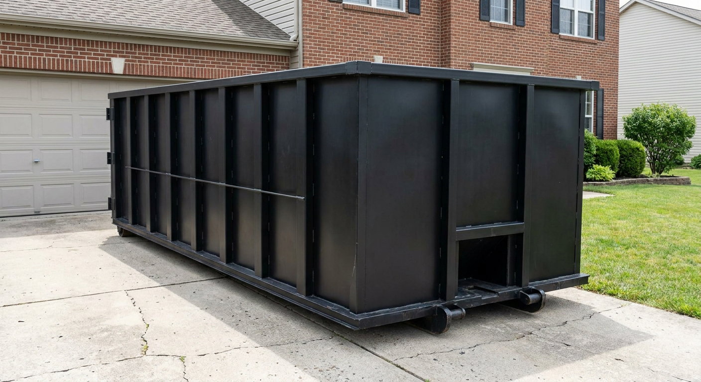 Matte-black 20-yard roll-off container on a West Valley City residential concrete driveway with reinforced ribbed steel sidewalls and a hinged rear walk-in door, clean bright daylight.