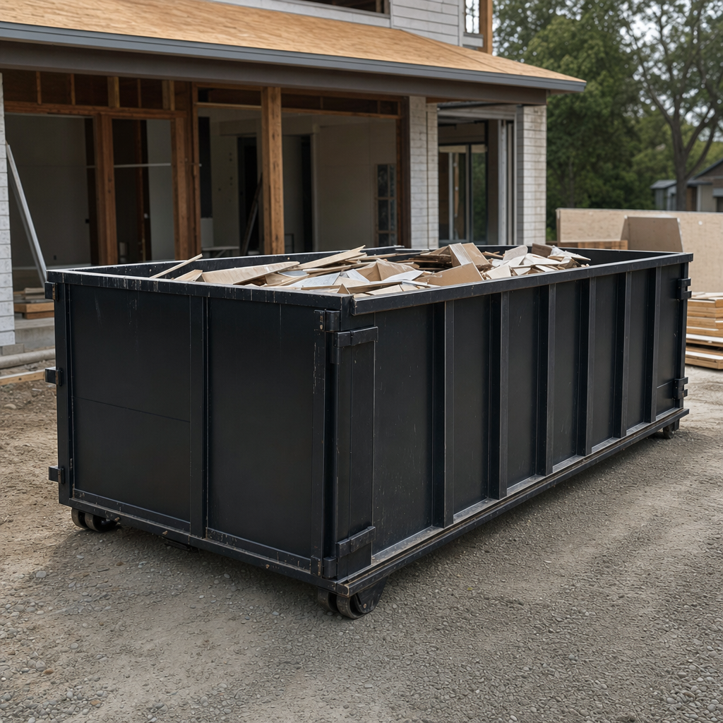 Large matte-black 30-yard construction roll-off dumpster at an active West Valley City jobsite, steel-gray top rails and bottom rollers visible, loaded with construction debris.