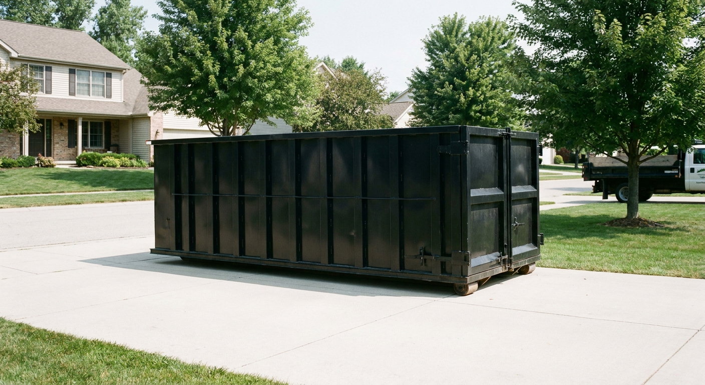Matte-black 20-yard roll-off dumpster sitting level on a clean West Valley City residential concrete driveway under bright daylight, demonstrating clean placement directly on the concrete.