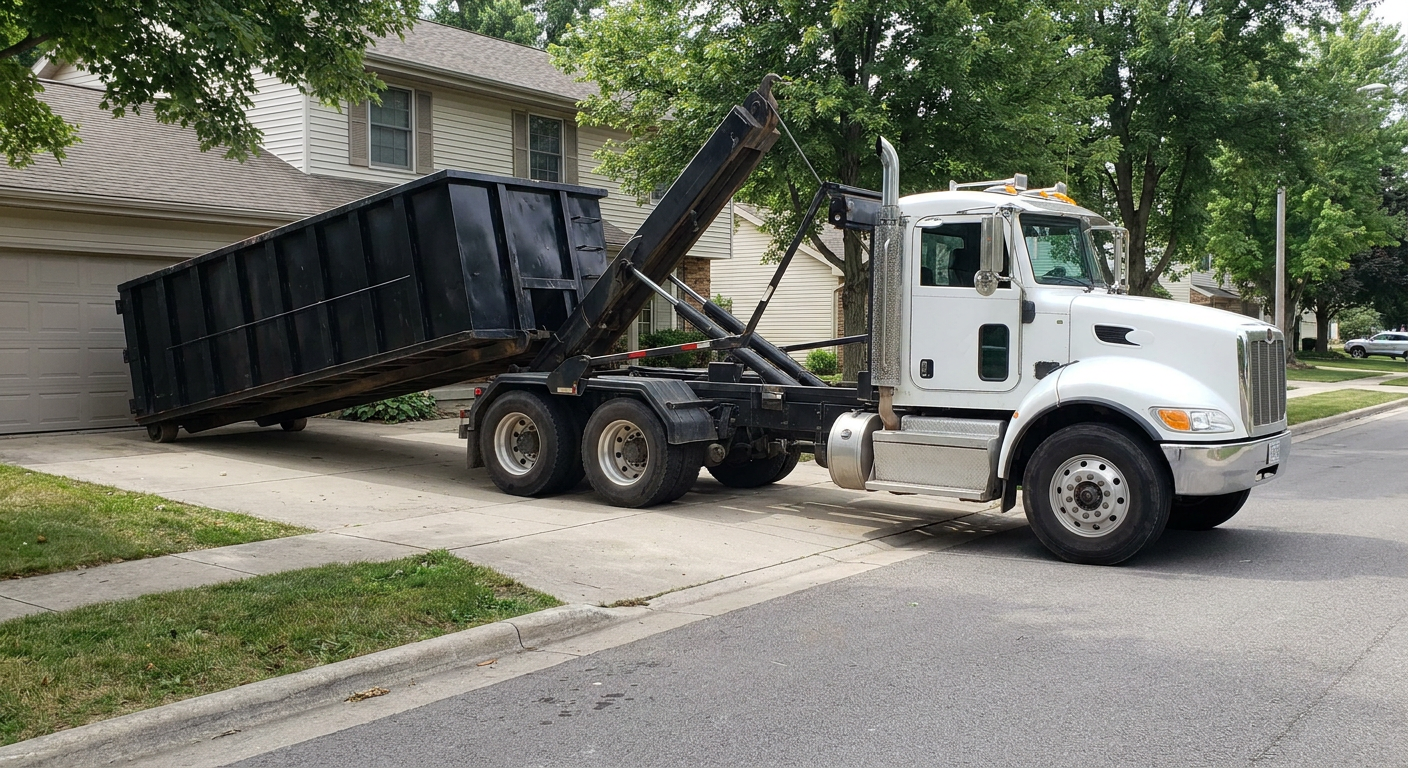 White-cab hooklift roll-off truck actively lowering a matte-black dumpster onto a West Valley City residential concrete driveway, the dumpster's rear wheels touching the driveway as the hoist arm tilts the bed forward, mid-morning daylight.