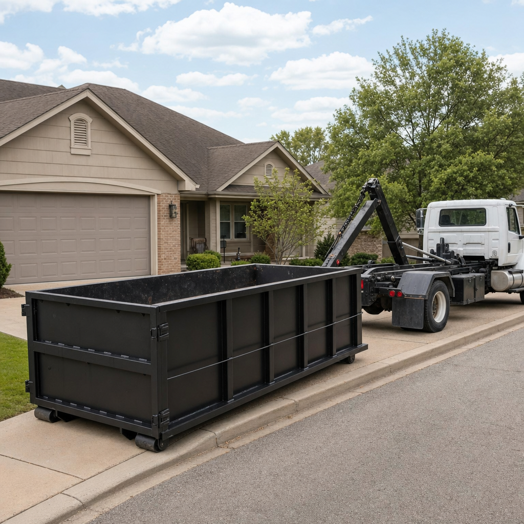 Wide documentary shot of a matte-black roll-off dumpster on a West Valley City residential driveway in the foreground and a contractor jobsite container in the soft-focus background, bright daylight, calm and orderly composition.