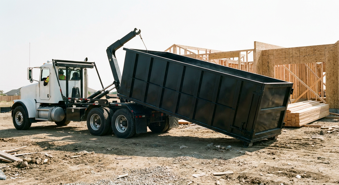 Matte-black roll-off dumpster being delivered onto a clean residential concrete driveway in West Valley City by an unmarked white hooklift hauler truck, bright morning daylight, documentary 35mm perspective.
