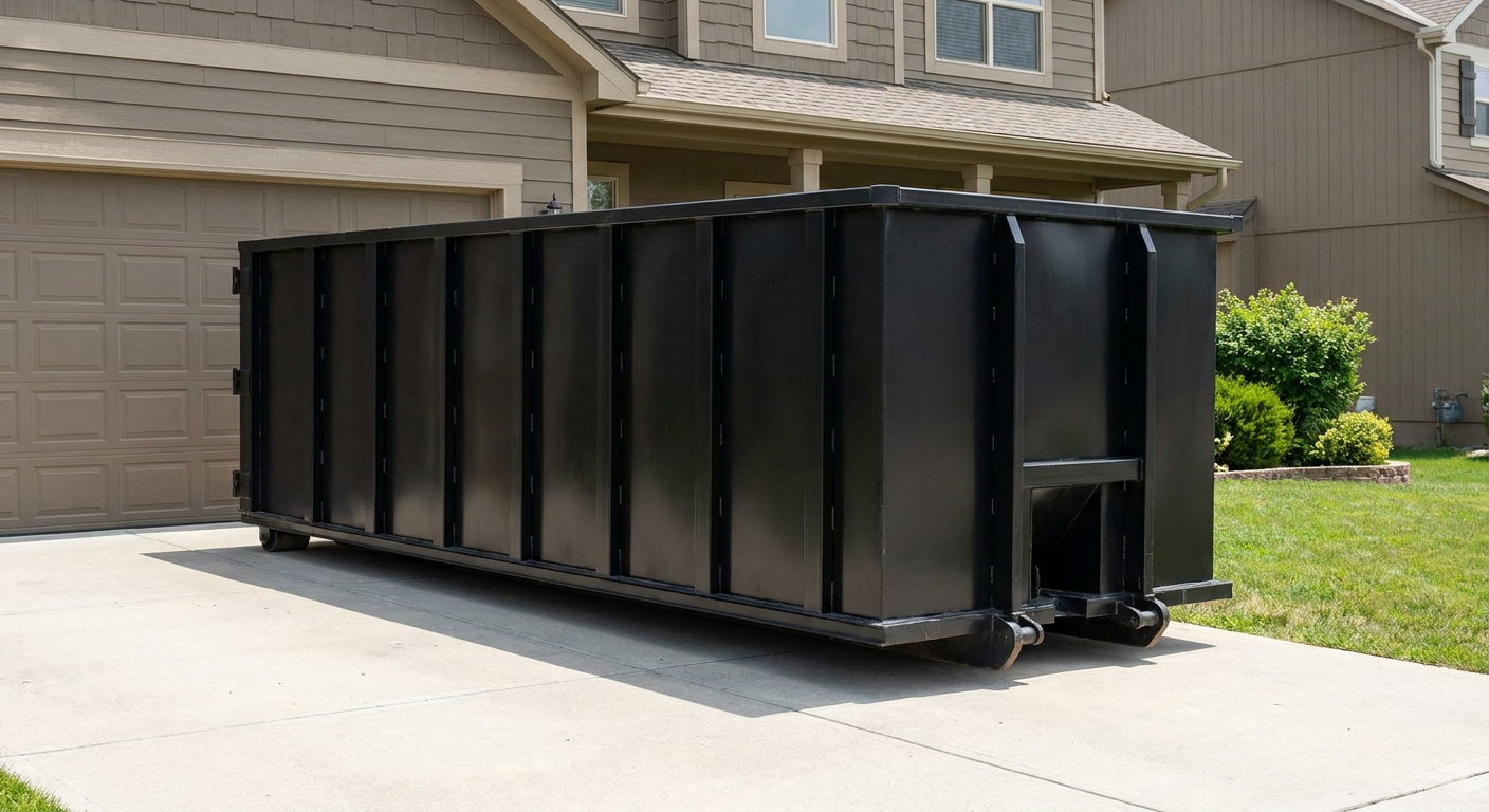 Matte-black residential roll-off dumpster sitting directly on a suburban West Valley City concrete driveway, garage door closed, single-family home in background, bright morning daylight.