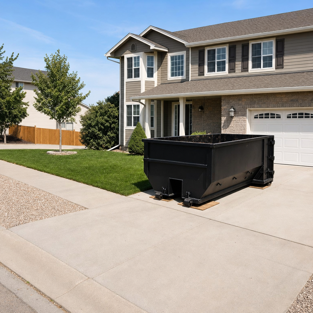 10-yard matte-black residential dumpster placed directly on a narrow West Valley City concrete driveway, room remains for a parked sedan beside it, mid-morning natural light