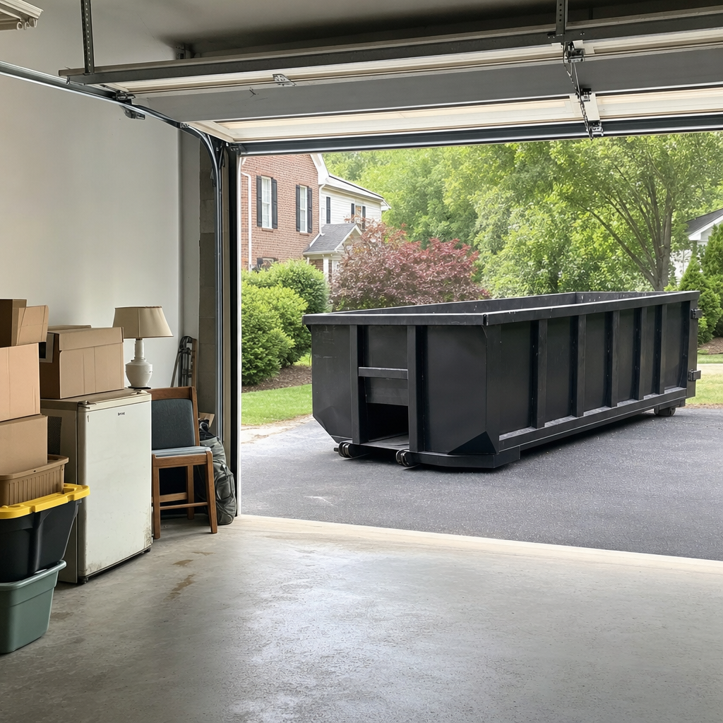 Open garage interior in a West Valley City home mid-cleanout — boxed items, an old appliance, and stacked yard tools queued near the driveway for a matte-black roll-off dumpster, organized and calm