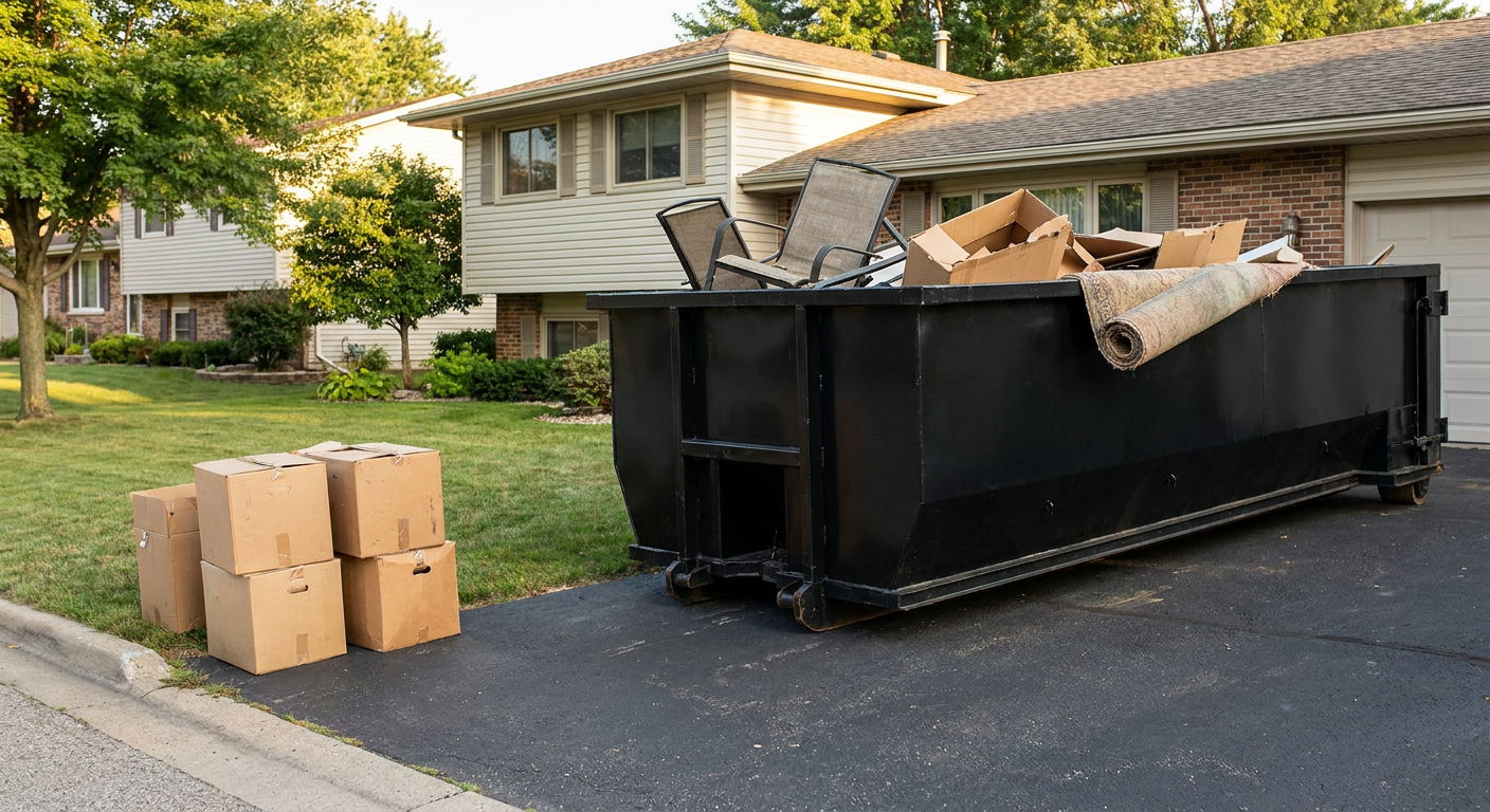Front-yard view of a West Valley City split-level home with a 20-yard matte-black roll-off dumpster sitting directly on the asphalt driveway, a few clearly labeled donation boxes staged at the curb, calm sunny afternoon.