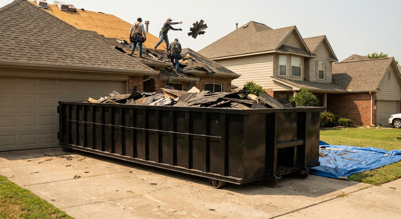 Matte-black roofing roll-off dumpster placed directly on a West Valley City residential concrete driveway, a tear-off crew on a two-story asphalt-shingle roof tossing shingle bundles into the low-walled container, bright daylight, documentary 35mm perspective.