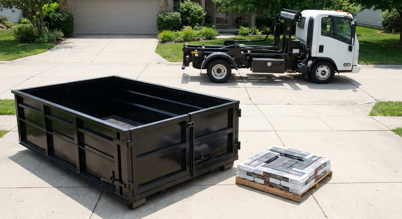 Matte-black 15-yard roofing roll-off dumpster with reinforced low side walls sitting directly on a West Valley City residential concrete driveway, three-tab asphalt shingle bundles stacked nearby, an unmarked white hauler truck partially visible at the edge of the frame.