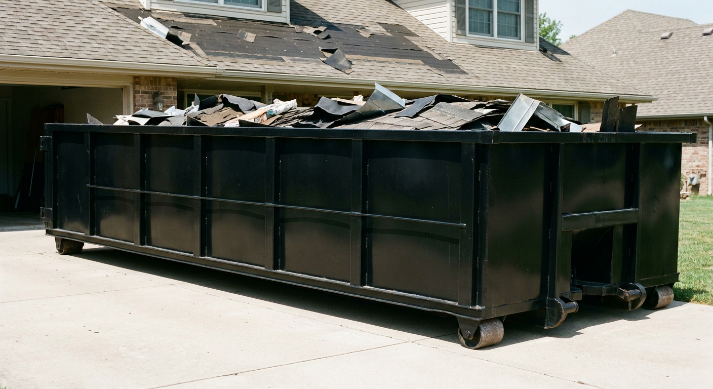 Matte-black 20-yard roofing roll-off dumpster with steel ribbed sides and swinging rear door, sitting directly on the concrete driveway of a two-story West Valley City home, asphalt shingle debris being loaded over the low wall, clean documentary lighting.