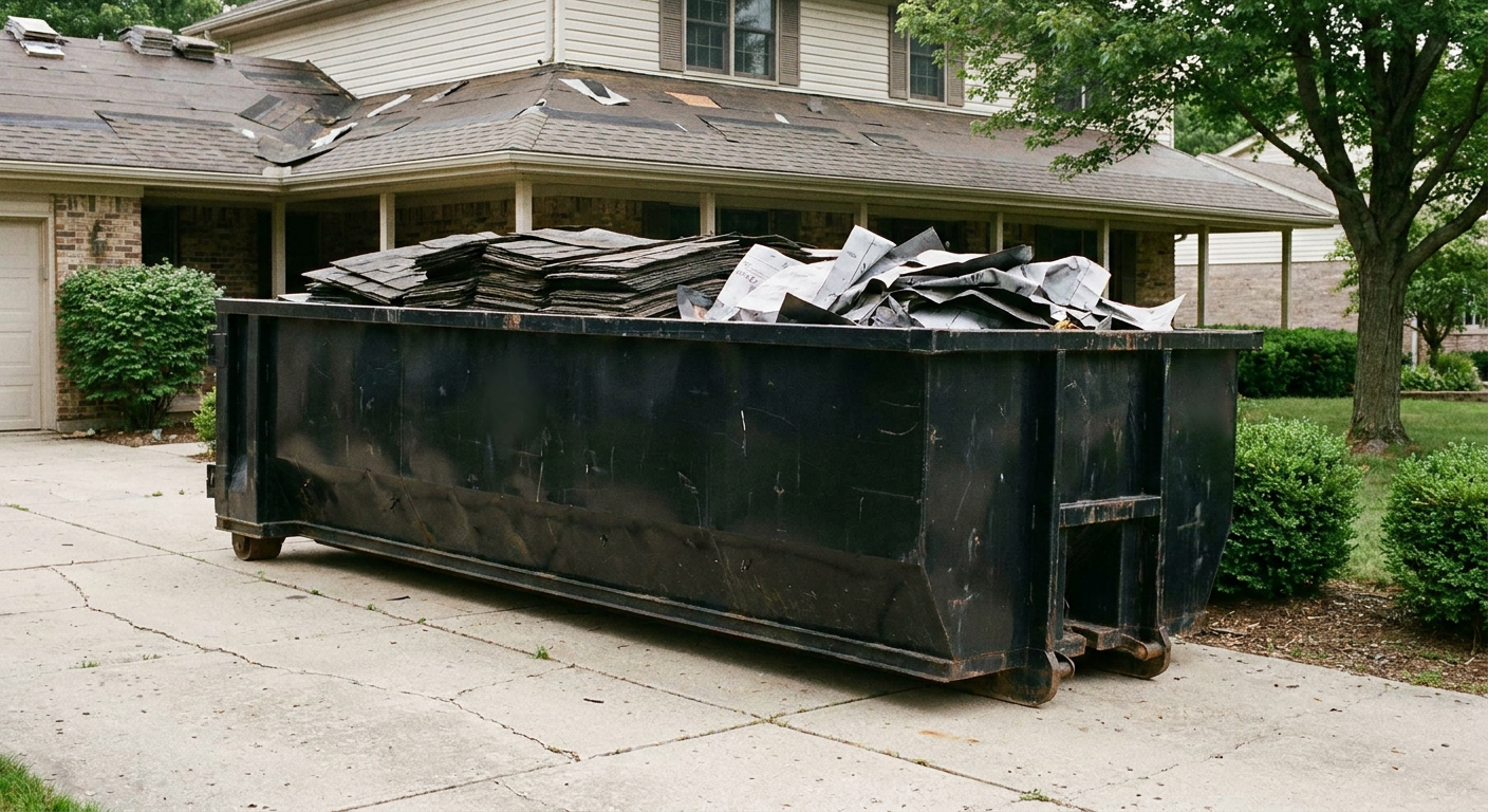 Matte-black 30-yard roofing roll-off dumpster sitting directly on a West Valley City concrete driveway, taller ribbed steel side panels, mixed tear-off debris of asphalt shingles and underlayment inside, professional documentary daylight.