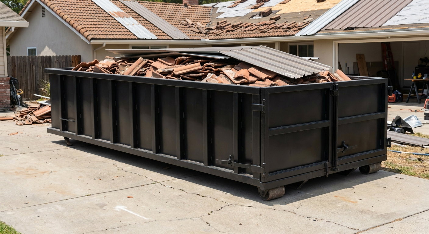 Matte-black low-wall heavy-debris roofing roll-off dumpster sitting directly on a West Valley City concrete driveway, broken concrete clay roof tiles and metal panel sections loaded inside, reinforced ribbed steel side walls visible, bright outdoor daylight.