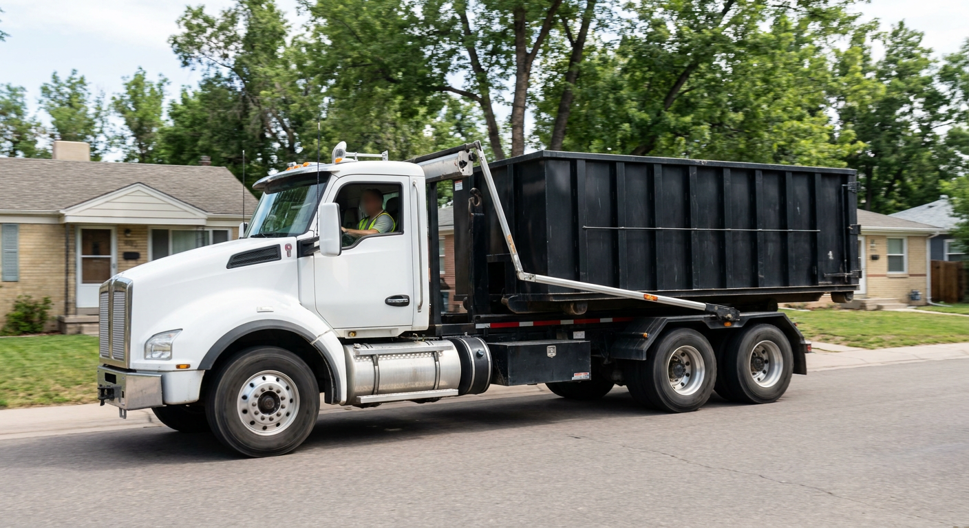 A wide documentary shot of a matte-black roll-off delivery truck pulling onto a quiet West Valley City residential street at mid-morning, with neighborhood rooftops and tree-lined blocks visible behind, showing the metro coverage footprint.