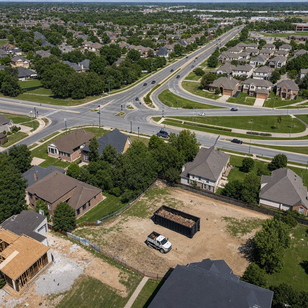 An overhead documentary view of the West Valley City metro area at midday, showing the spread of neighborhoods, arterial roads, and the dispatch radius from a central yard — clean daylight, organized geographic layout.