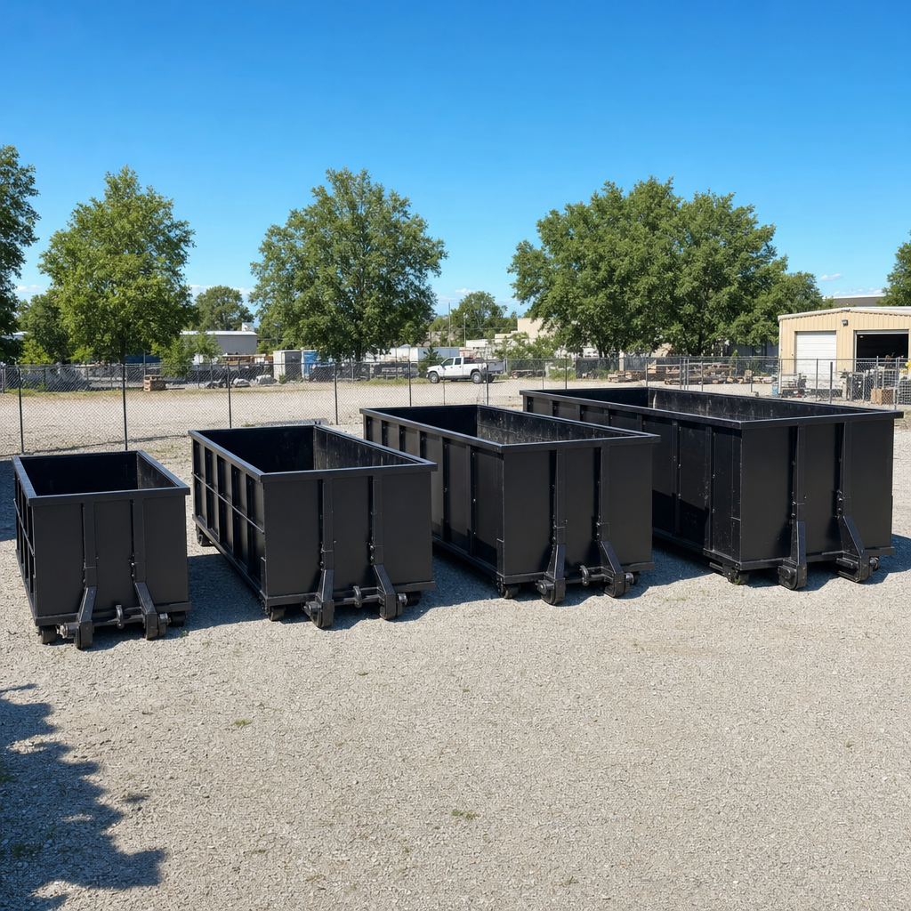 A clean lineup of matte-black roll-off dumpsters in 10, 20, 30, and 40-yard sizes staged on a sunlit gravel yard in West Valley City, showing the size progression from compact to commercial-scale containers.