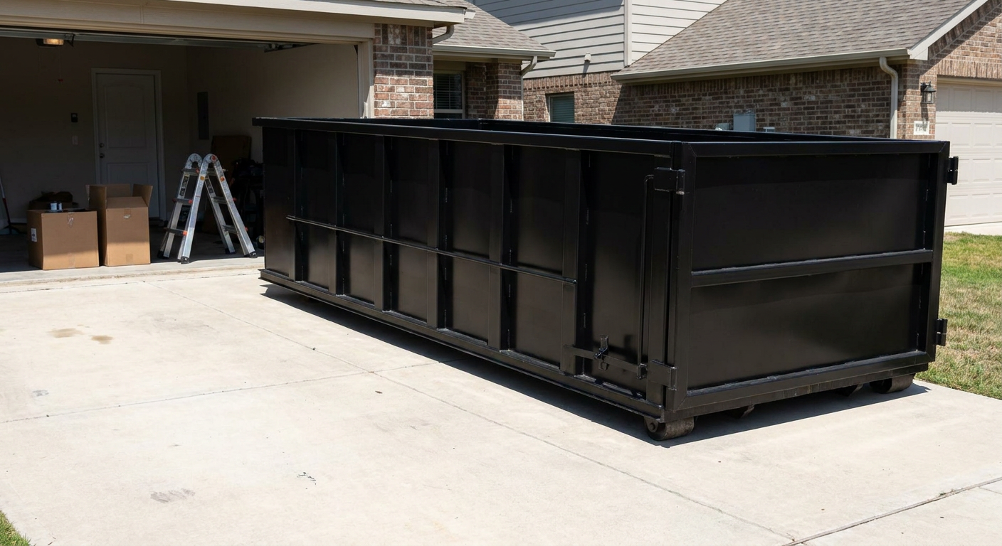 A matte-black 10-yard roll-off dumpster sitting directly on a residential West Valley City concrete driveway, mid-day sunlight, clean and ready for a garage cleanout.