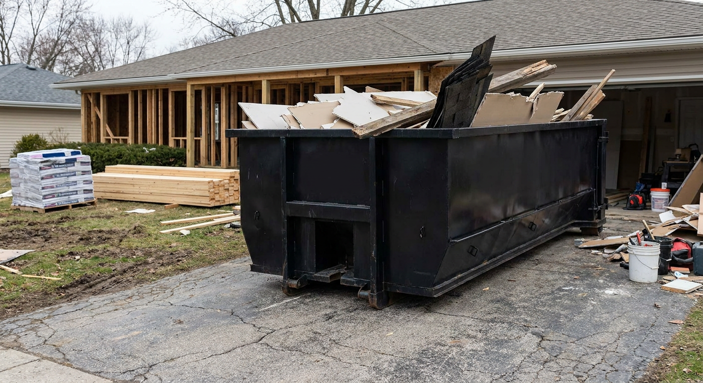 A matte-black 20-yard roll-off dumpster placed alongside a mid-renovation West Valley City home directly on the asphalt driveway, with framing materials and torn-off shingles staged neatly nearby.