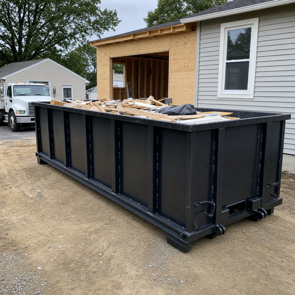 A matte-black 30-yard roll-off dumpster positioned at a West Valley City residential addition jobsite, with framing lumber and drywall scraps loaded through the open swinging rear doors.