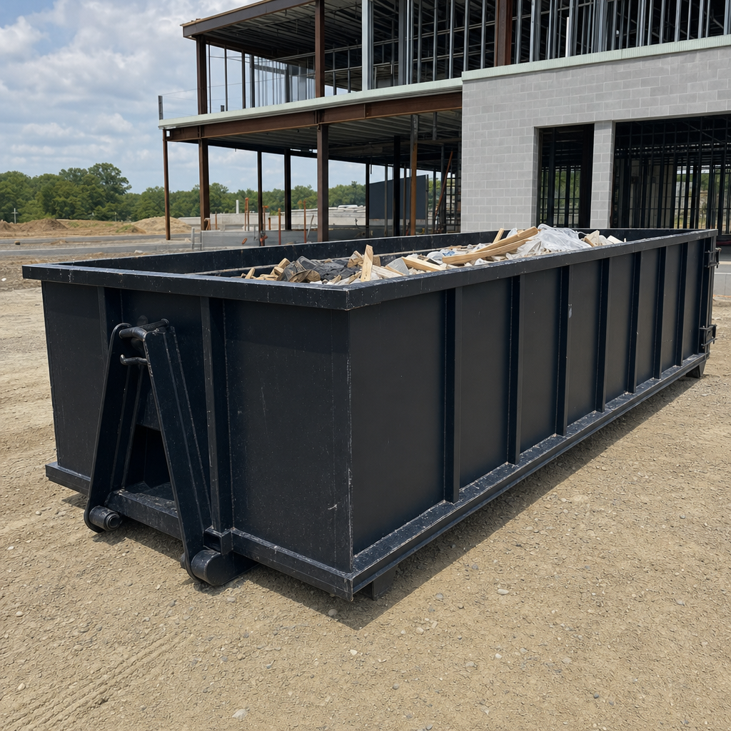 A matte-black 40-yard roll-off dumpster staged on a large West Valley City commercial construction lot, with a hooklift delivery truck parked alongside under bright midday sky.