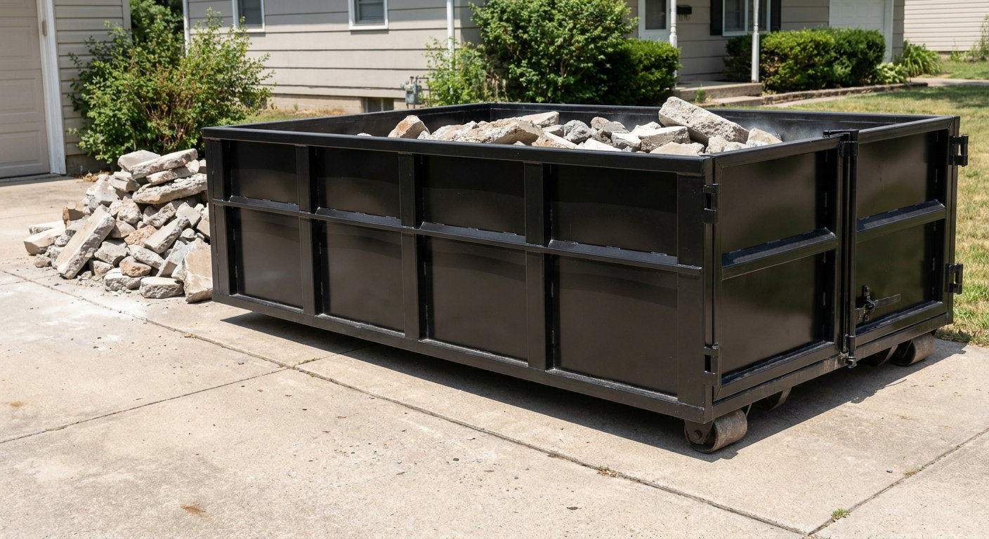 A matte-black low-side heavy-debris roll-off dumpster placed directly on a West Valley City concrete driveway, with broken concrete chunks neatly stacked beside it under clean daylight.